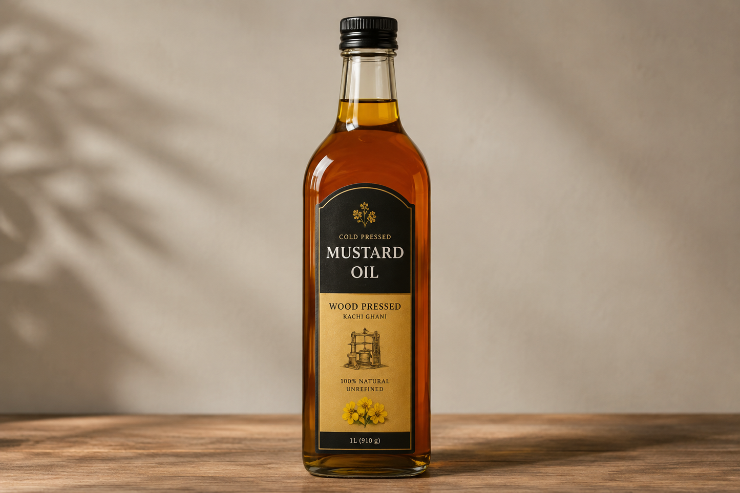 A bottle of Cold Pressed Mustard Oil standing on a wooden surface against a textured beige wall with soft leaf shadows.